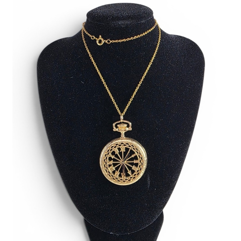 Rare 1950s Sarah Coventry Pocket Watch Style Pendant Cable Chain Necklace 24in